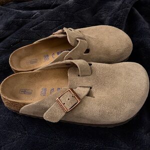 Birkenstock Taupe Suede Boston Clogs